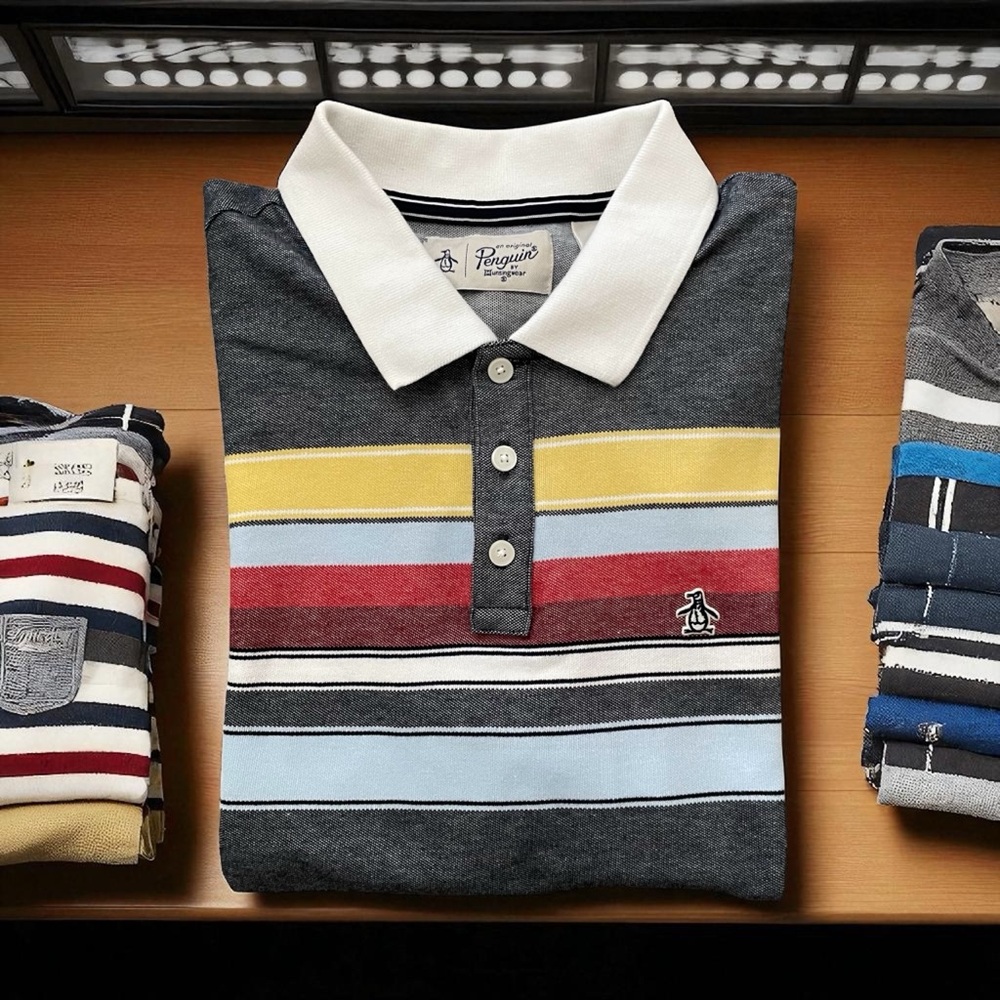 Original Penguin Men's Polo Shirt - Black, Yellow, Red, Blue Stripes